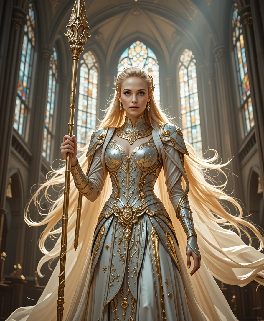 Majestosa guerreira com lança em uma grande catedral