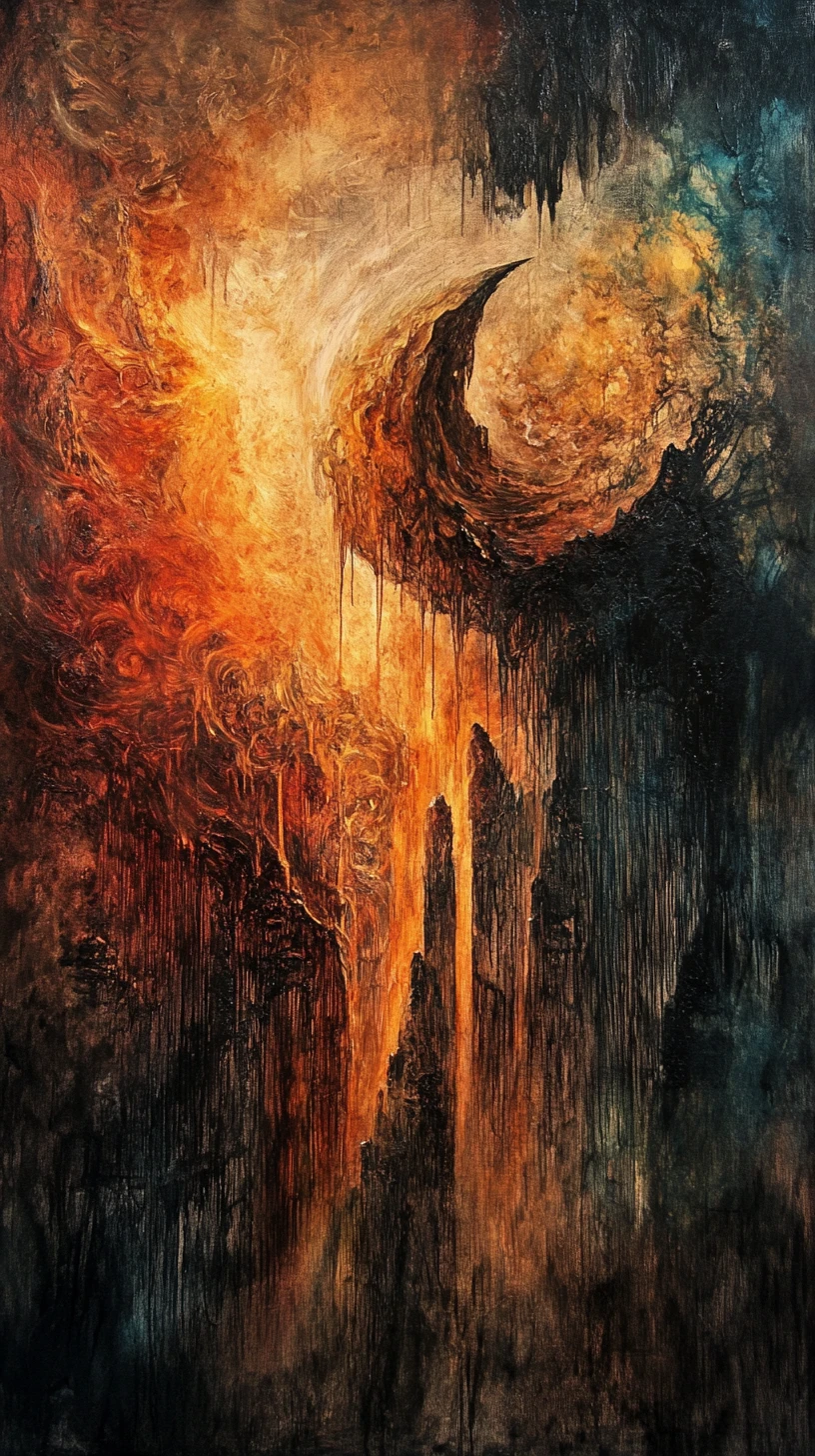 Mysterious abstract landscape in mixed media painting