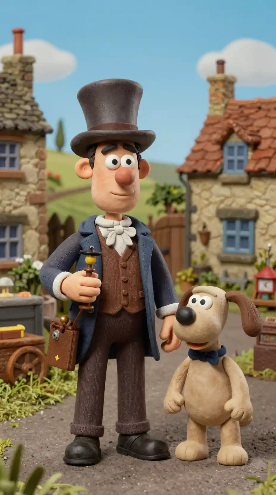 Eccentric inventor and loyal dog in rustic English countryside