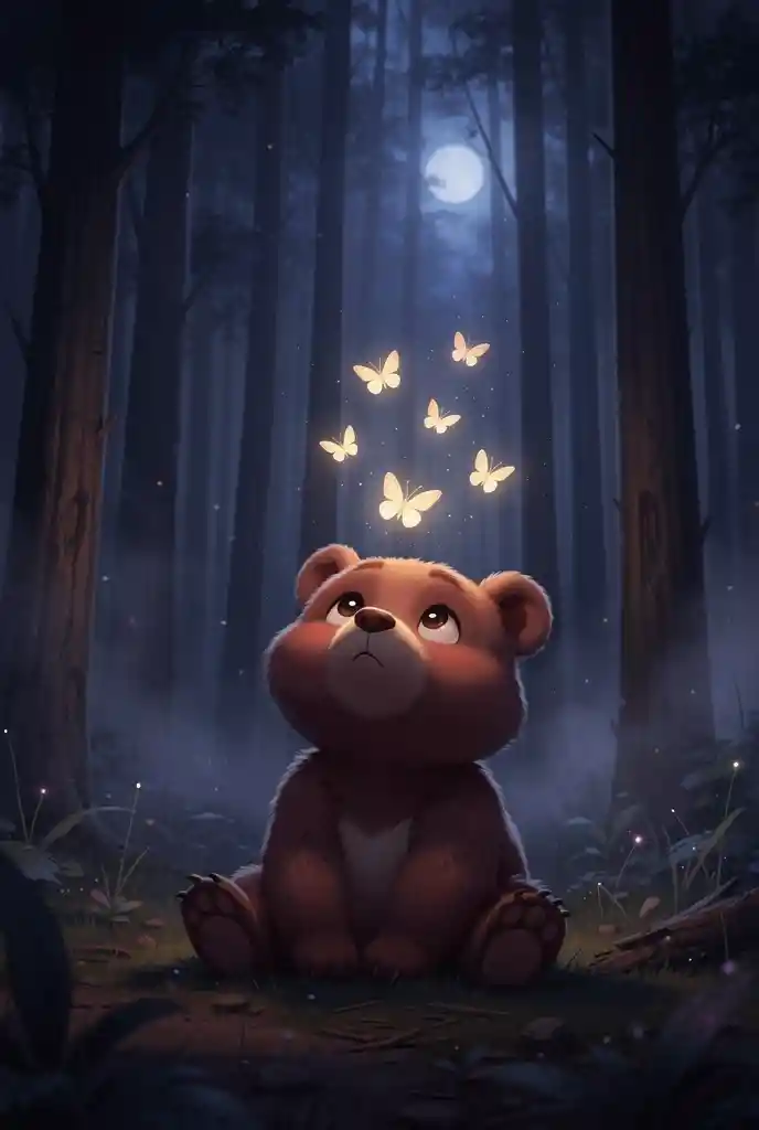 Cute brown bear watching glowing butterflies in dark forest