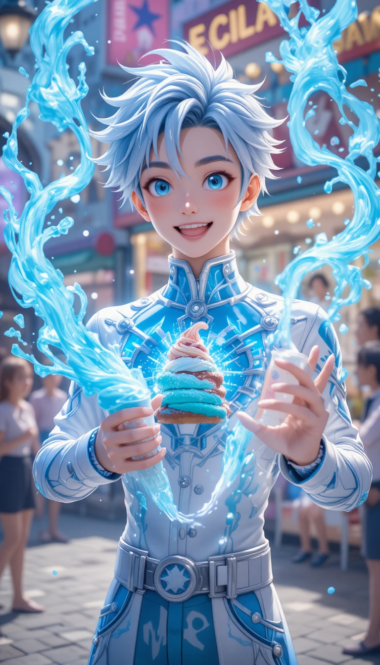 Anime ice boy conjuring magical ice cream in city street