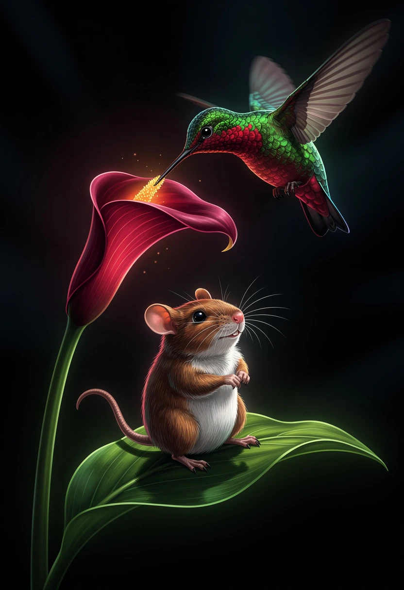 Rato de néon com copo-de-leite brilhante e beija-flor pairando