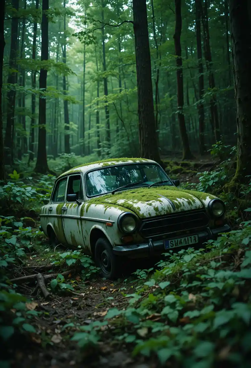 Carro branco abandonado meio enterrado em densa floresta verde