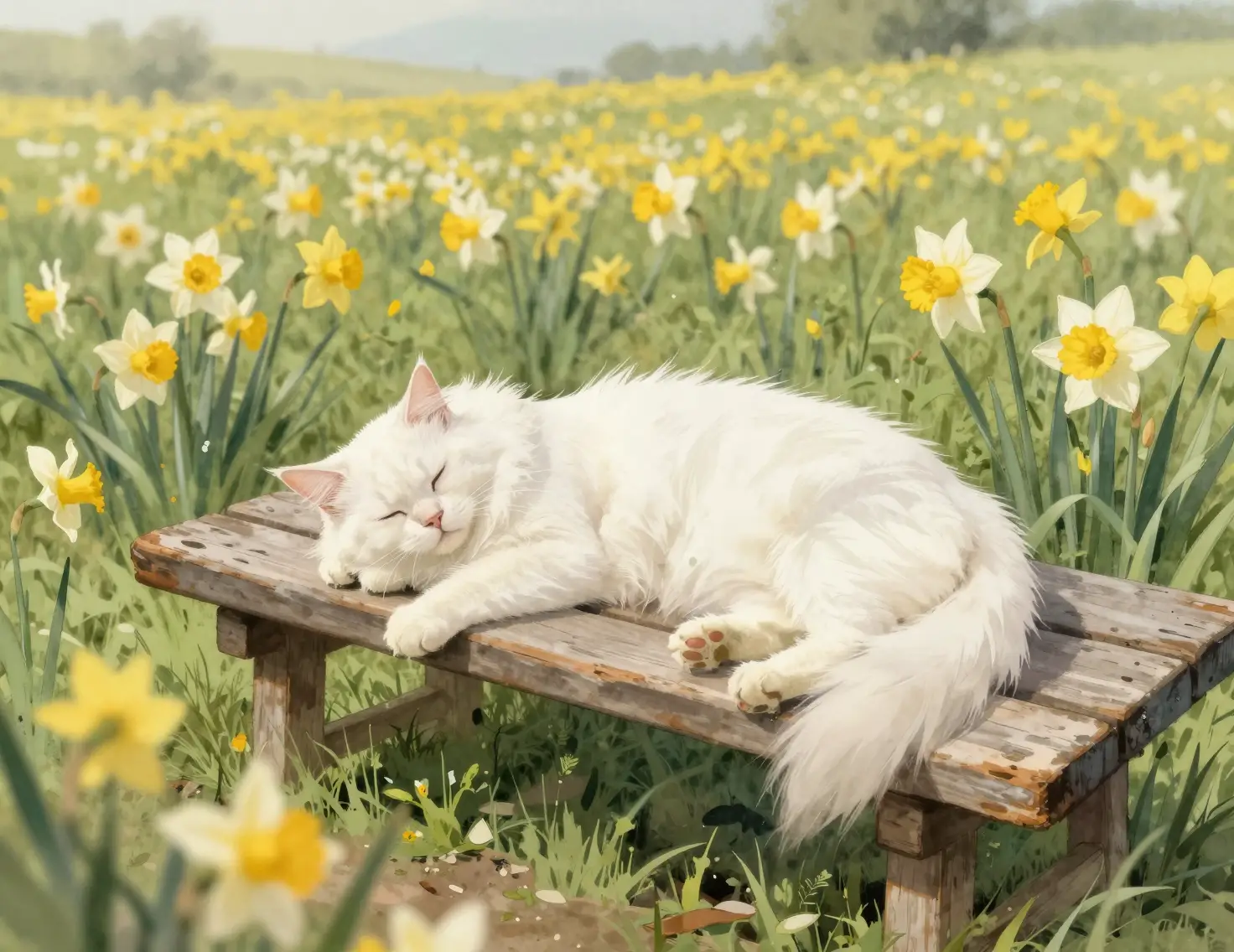 ラッパスイセンの草原で木製ベンチで眠る白い猫