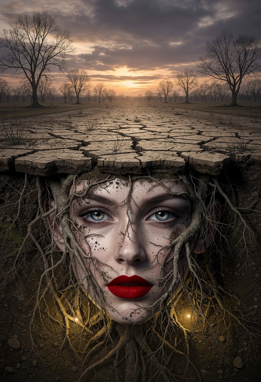 Mulher surreal fundida com raízes sob um pôr do sol árido