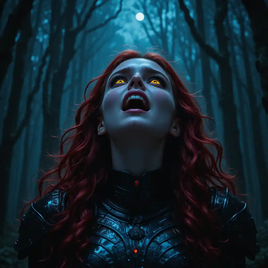 Armored red haired woman screaming under a dark forest sky