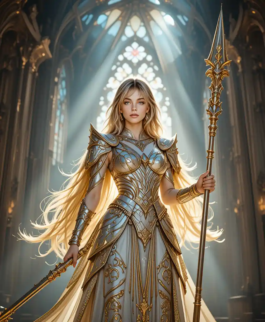 Majestic female warrior in golden armor within a cathedral