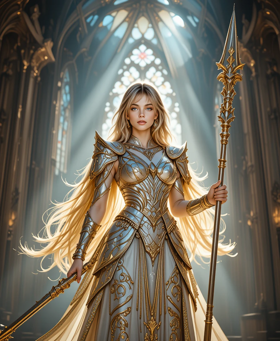 Majestic female warrior in golden armor within a cathedral