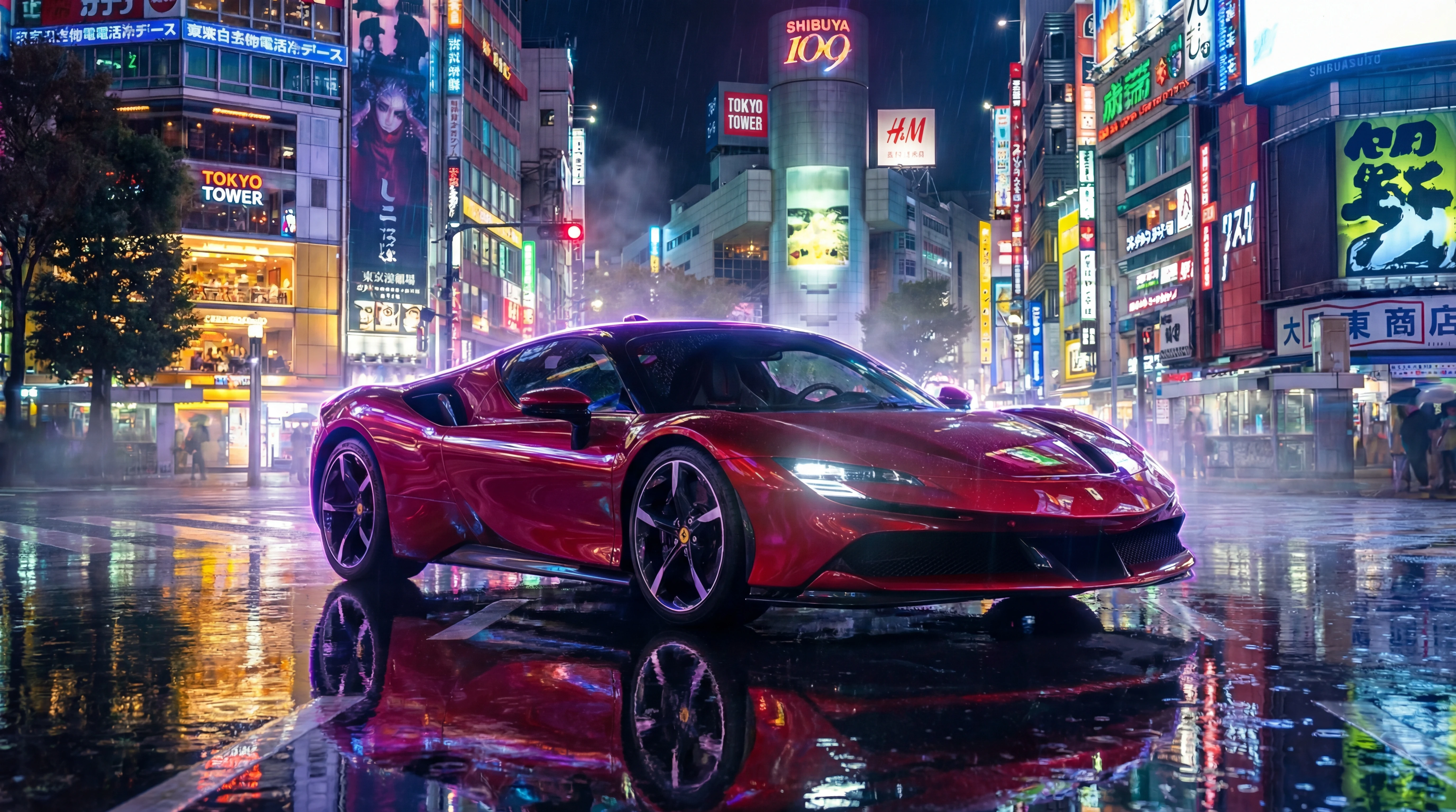 Red sports car on neon lit city street at night