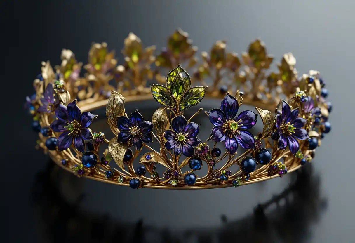 Tiará de filigrana de oro con gemas de peridoto y zafiro