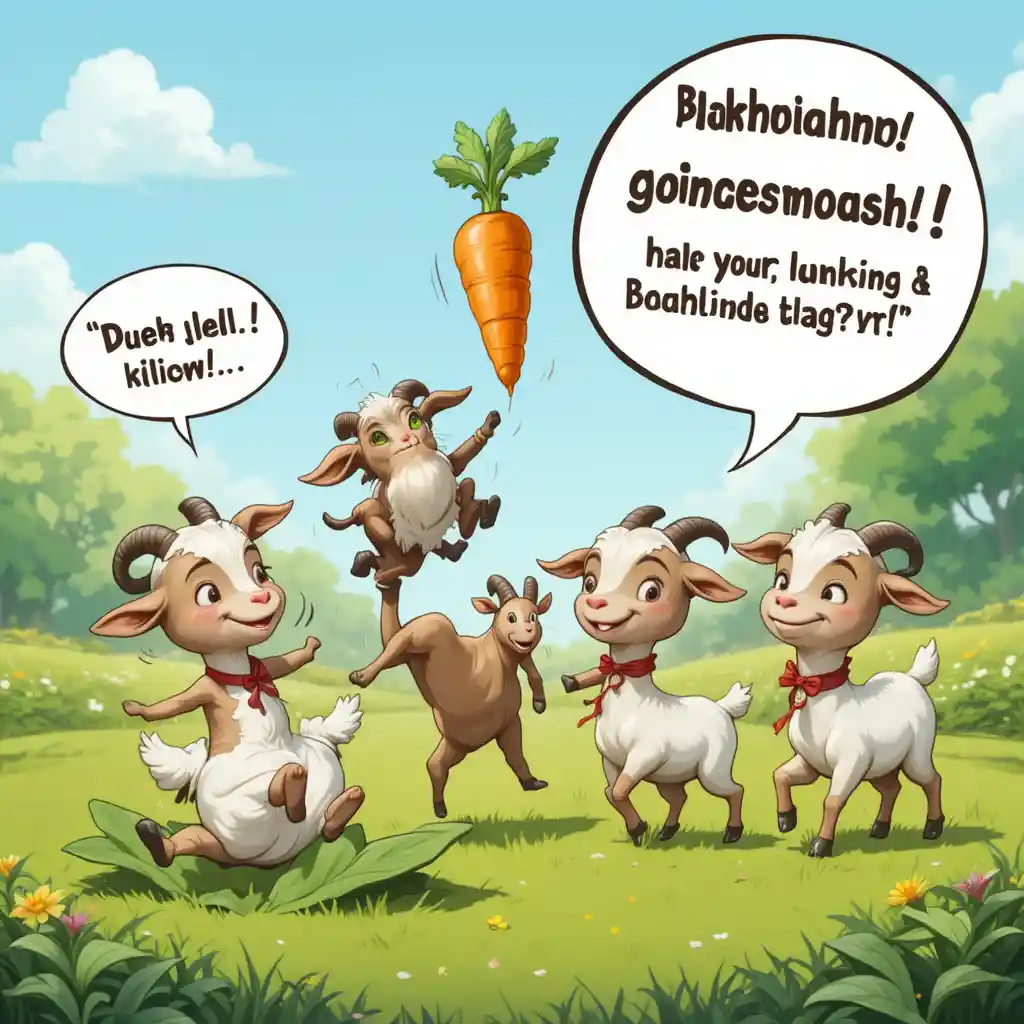 Tiny cartoon goats bouncing playfully on green grass