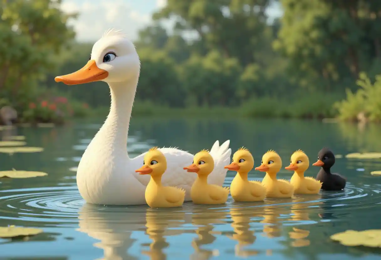 White duck leading ducklings across a lagoon in 3D cartoon
