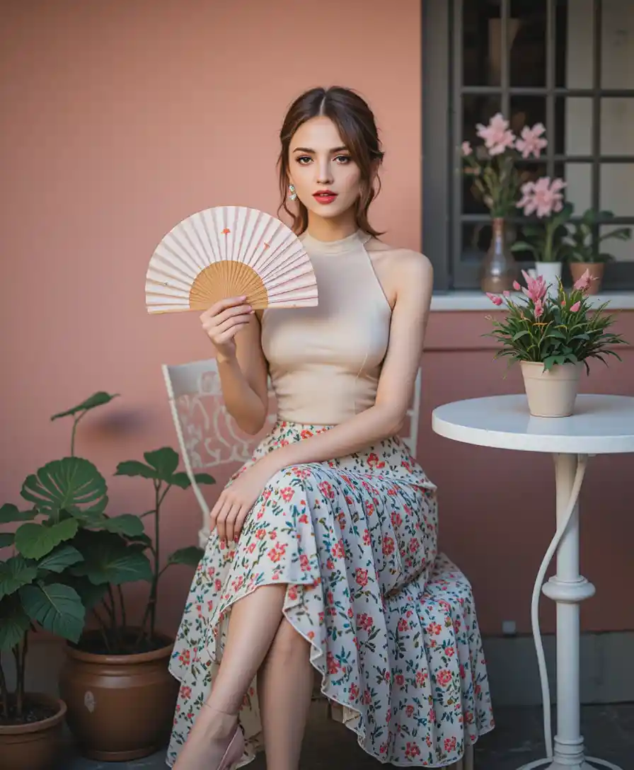 Elegant woman with fan seated at chic cafe terrace