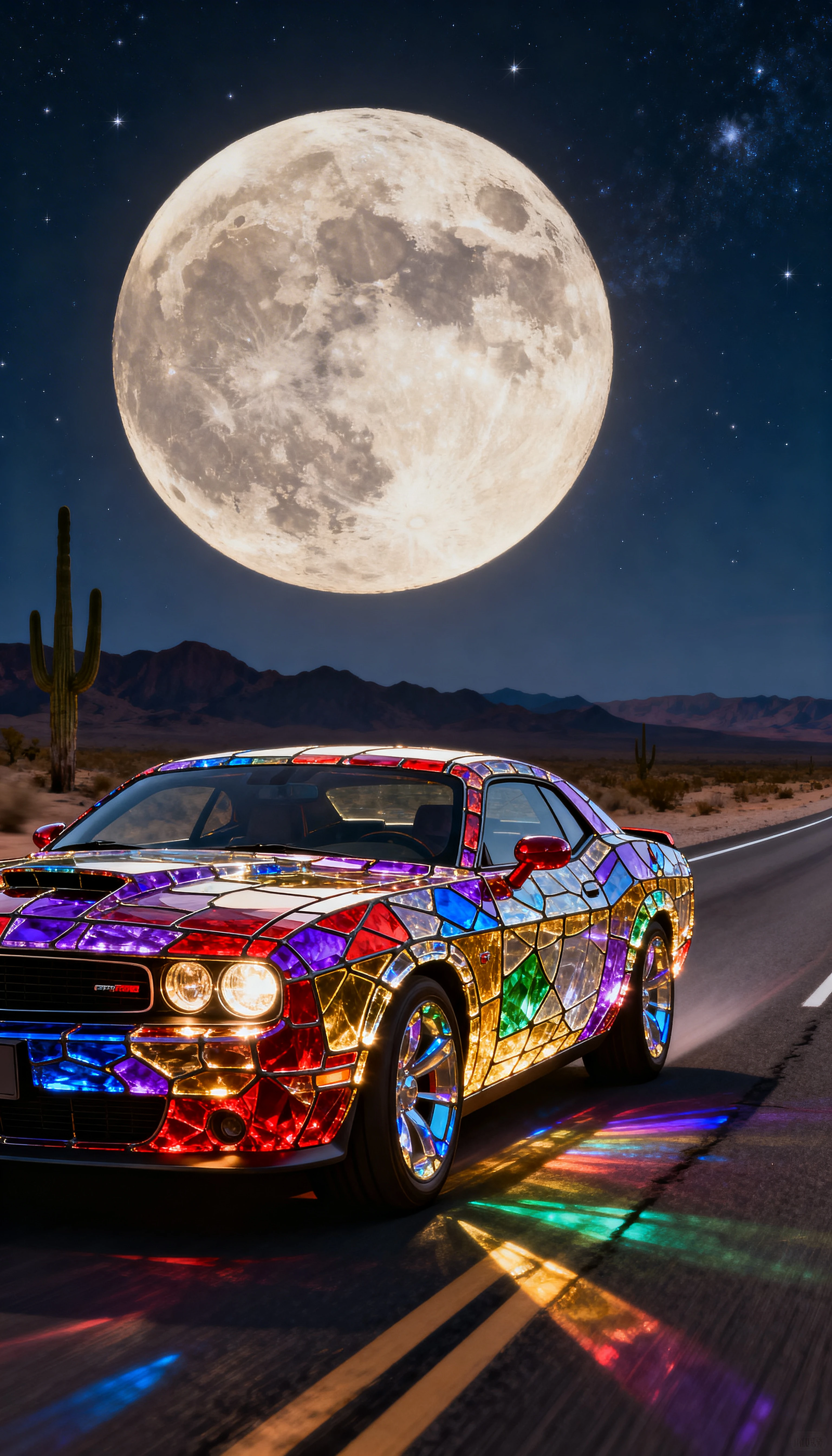 Muscle car de vitral em estrada deserta ao luar