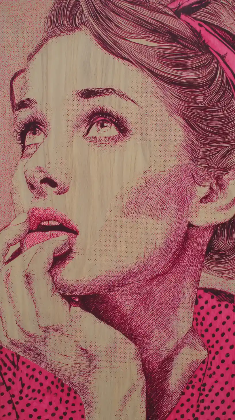 Pink pyrography close up of a woman in pop art style