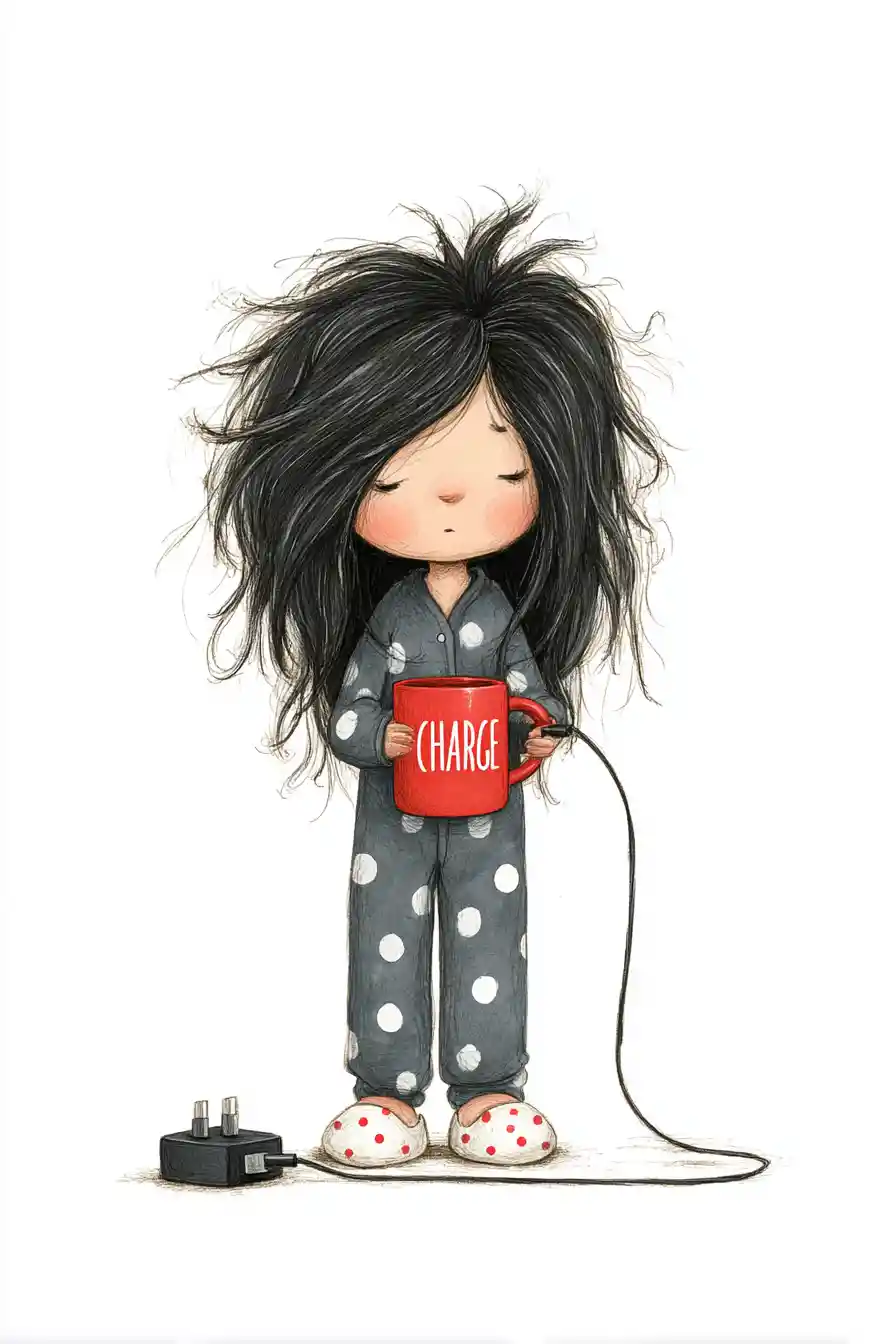 Sleepy Girl In Pajamas Holding Charging Cable Mug