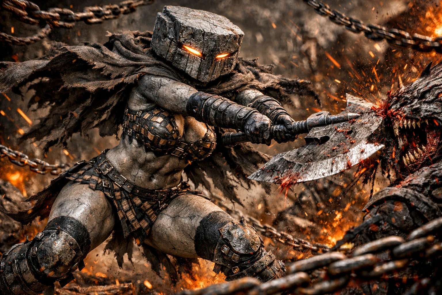 Stone headed warrior woman swinging poleaxe in alien battle