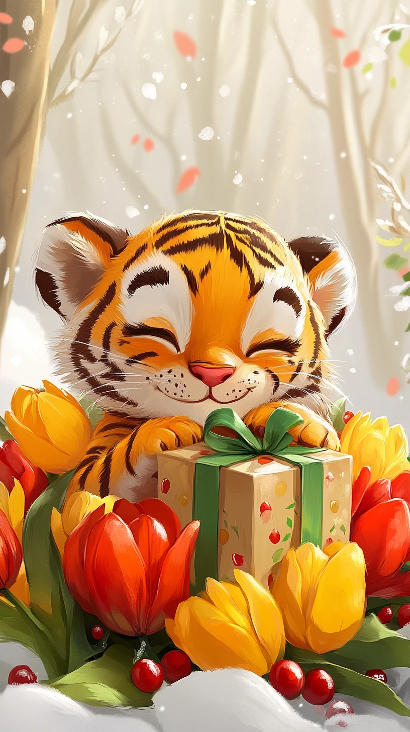 Filhote de tigre fofo com presente entre flores vermelhas e amarelas