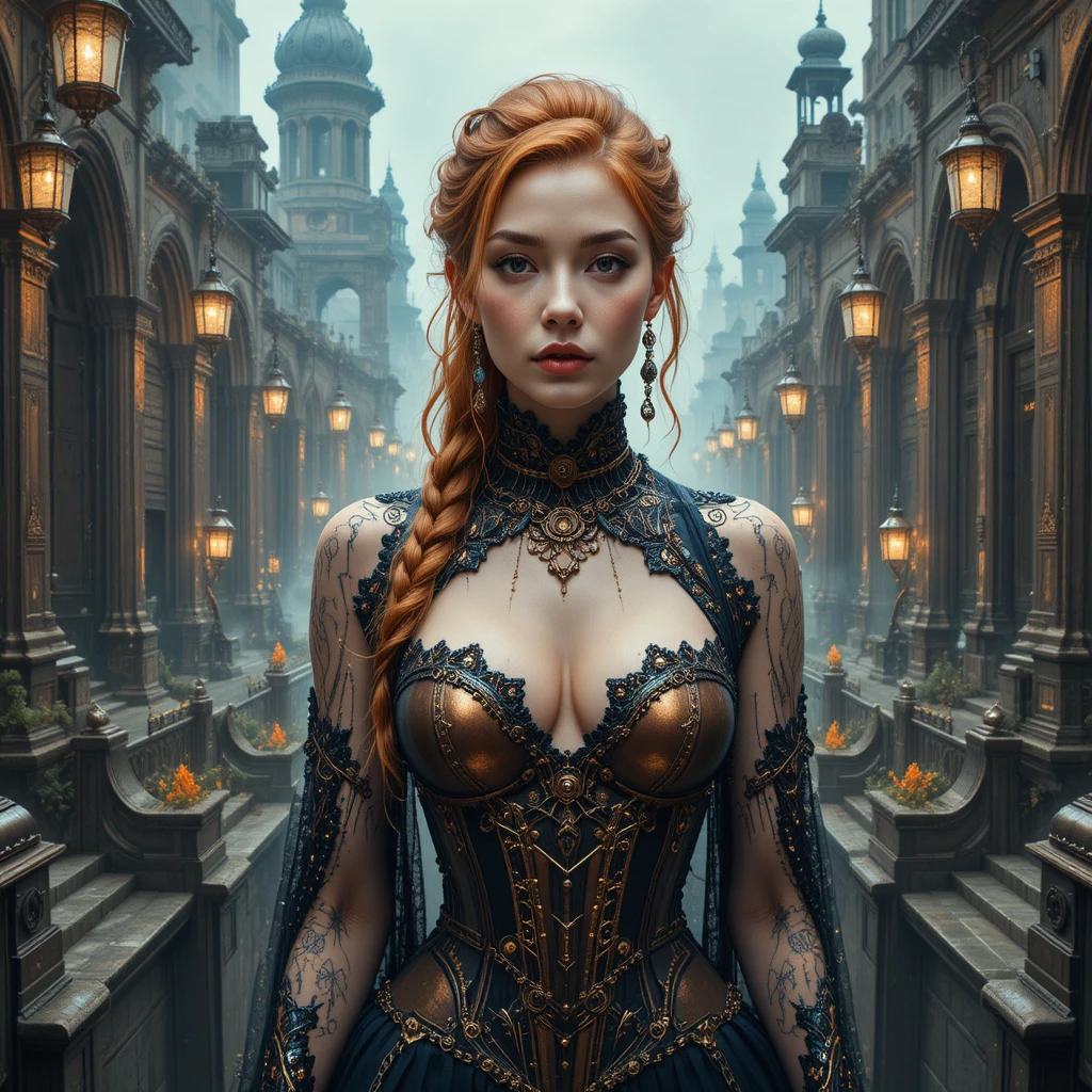 Mujer steampunk cibernética en una ciudad mecánica surrealista