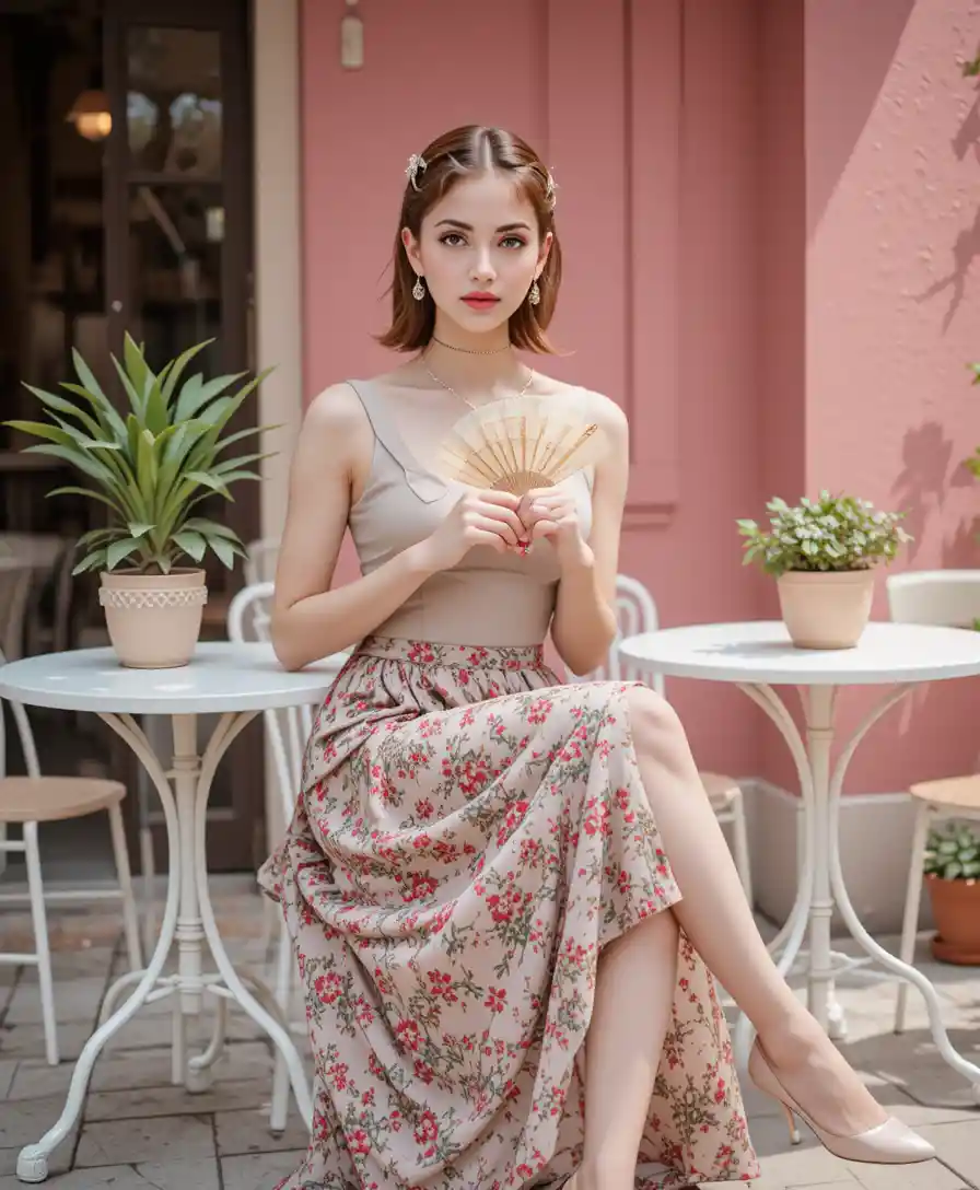 Elegant woman with fan seated on chic cafe terrace