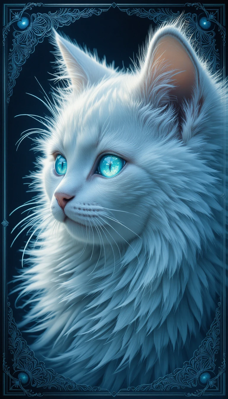 White kitten portrait with glowing blue green eye on sapphire