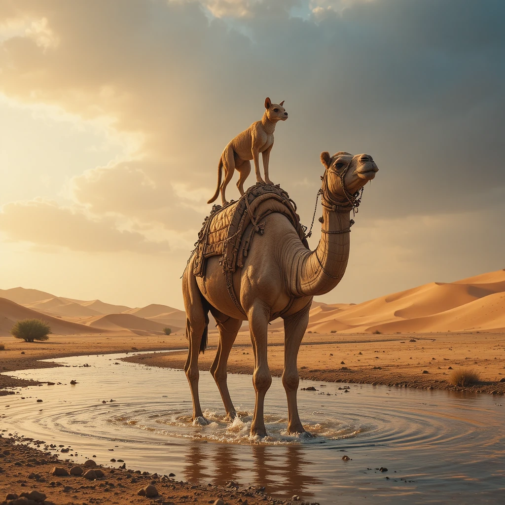 Cammello in un fiume nel deserto al tramonto con uno sciacallo
