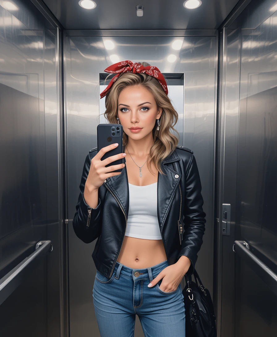 Donna alla moda che si scatta un selfie allo specchio in ascensore
