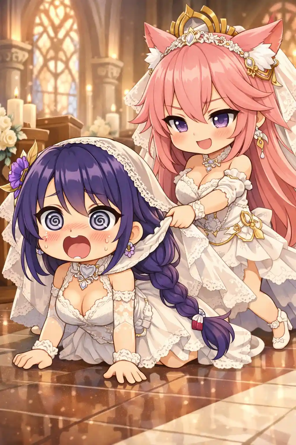 Chibi brides in a dramatic anime church confrontation