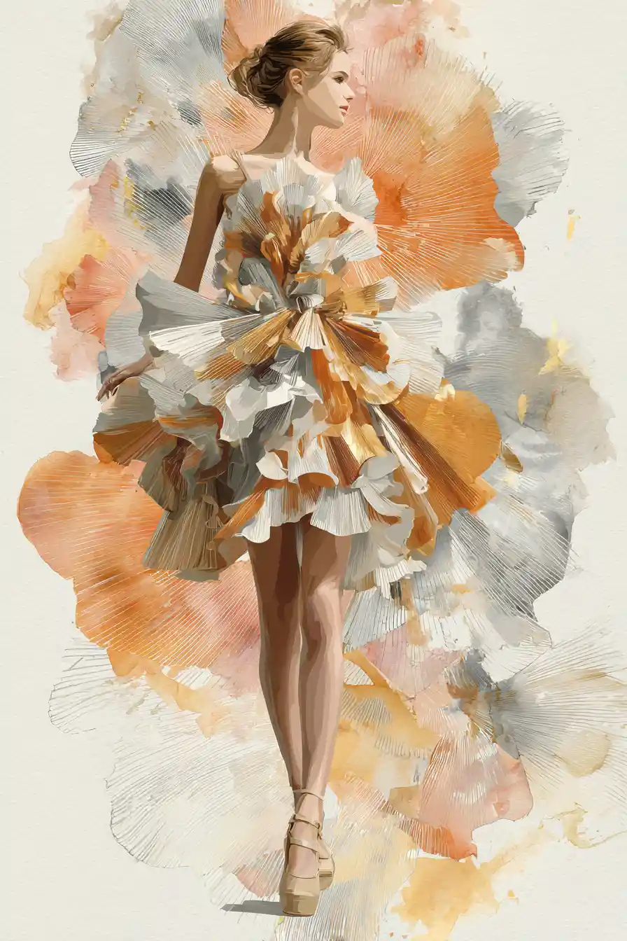 Elegant fashion illustration of model on pastel runway