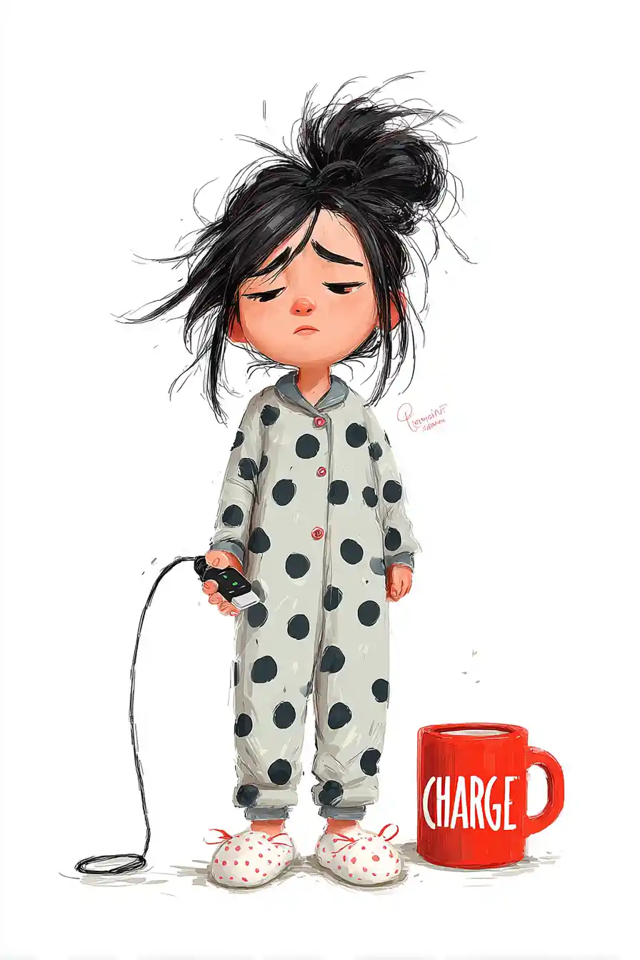 Sleepy Girl With Red Charge Mug On White Background