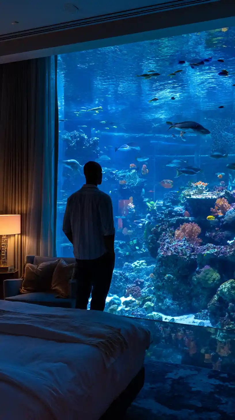 Man Watching A Giant Coral Reef Aquarium At Night