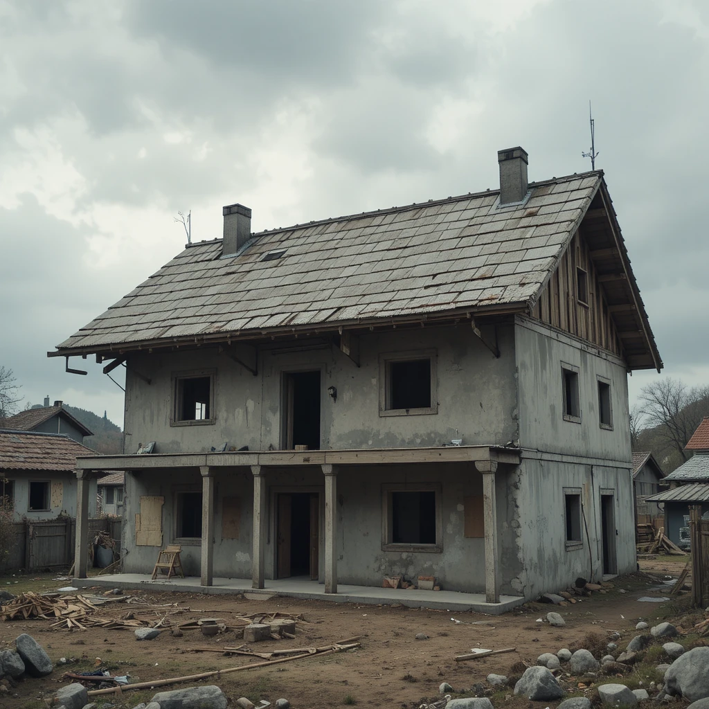 Casa de vila inacabada com telhado de concreto bruto sob nuvens