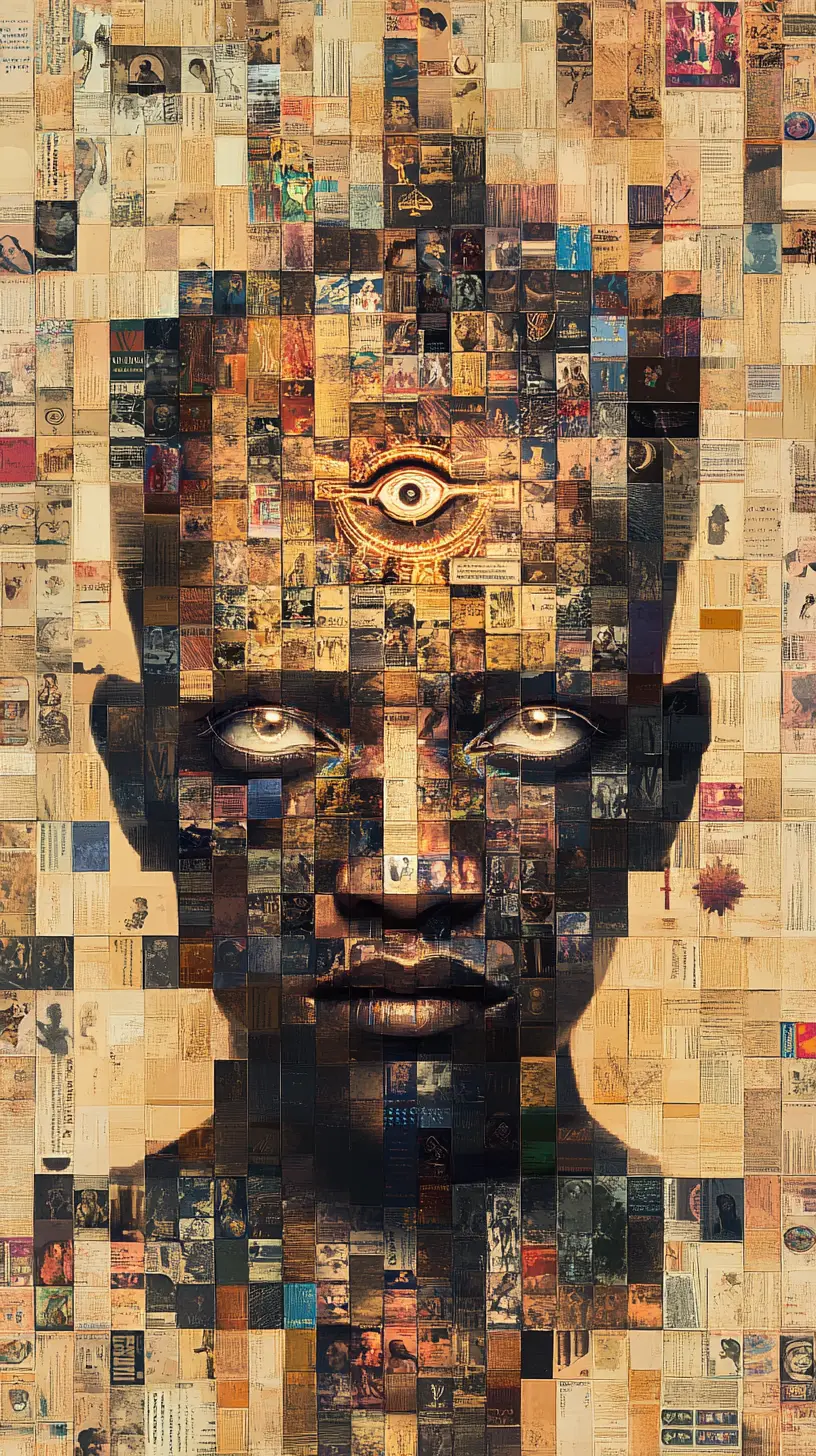Mosaic of vintage ID cards forming a futuristic portrait