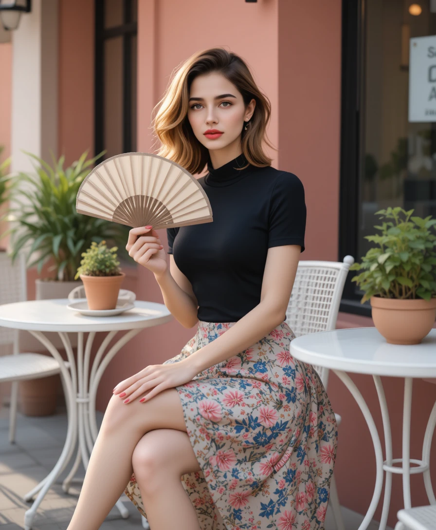 Elegant woman with fan seated at chic cafe terrace