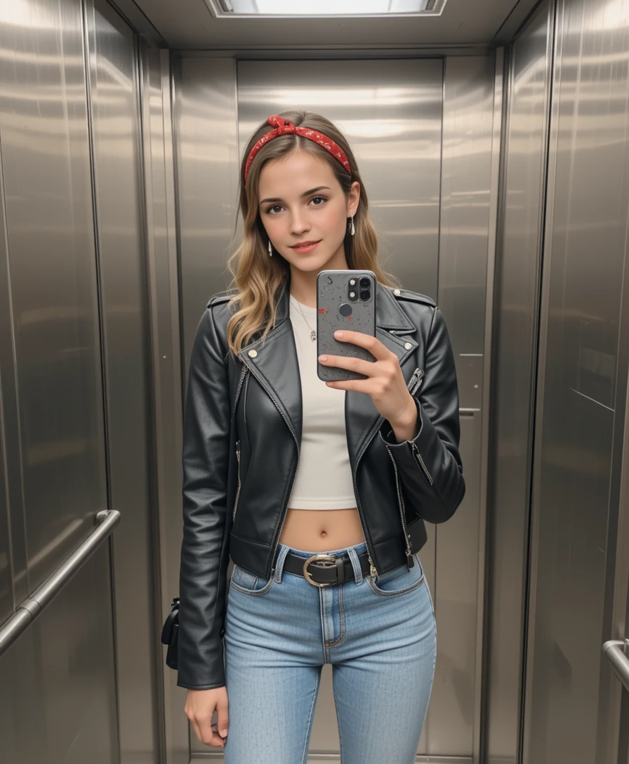 Donna elegante che si scatta un selfie allo specchio in ascensore