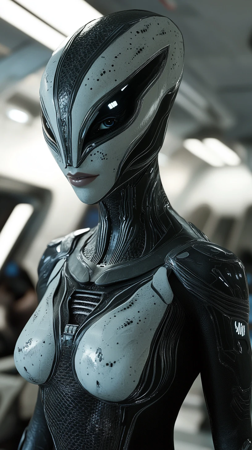 未来的な宇宙船内部を武装パトロールするエイリアン女性