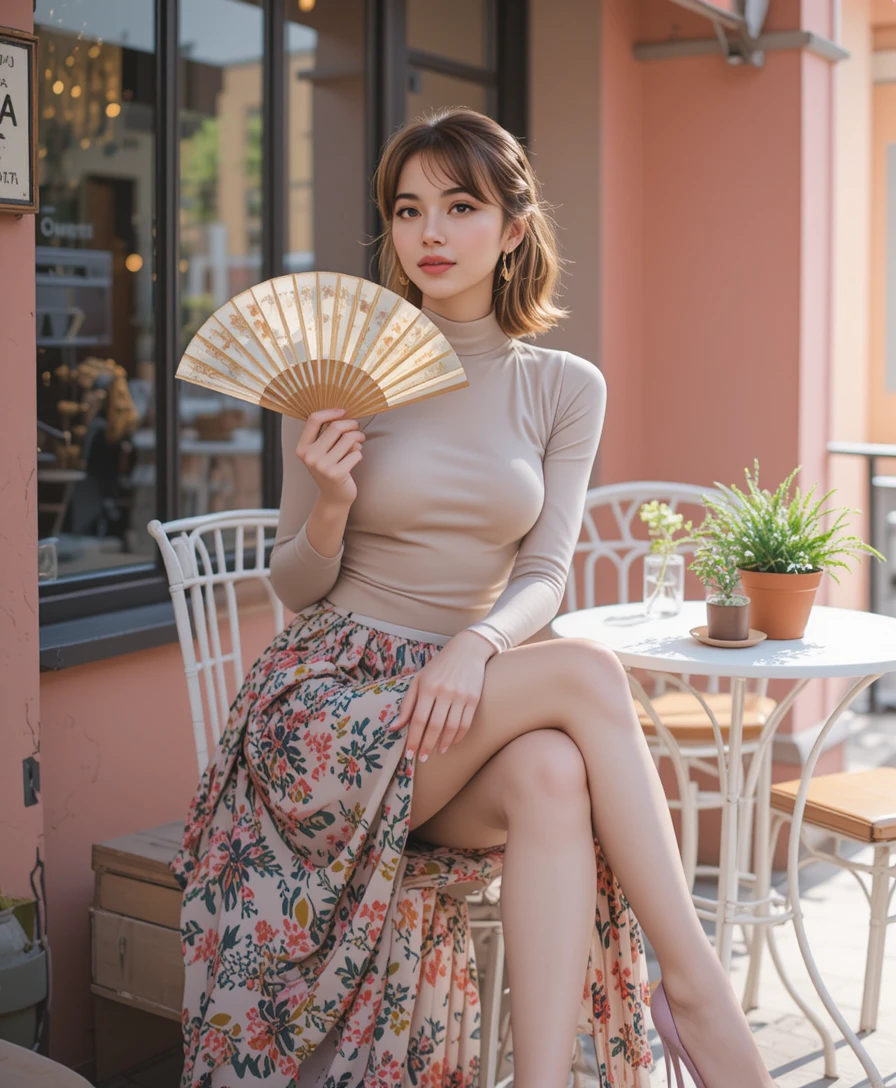 Mulher elegante com leque sentada em terraço de café chique