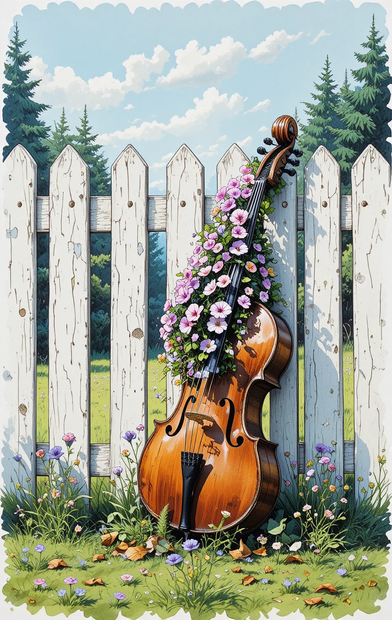 Old cello by a cracked white fence with wildflowers