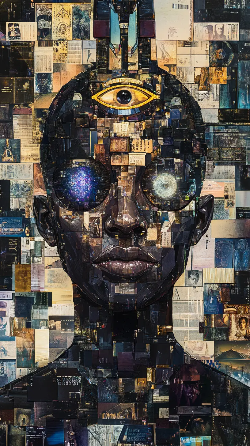 Afrofuturistic portrait made from layered vintage id cards