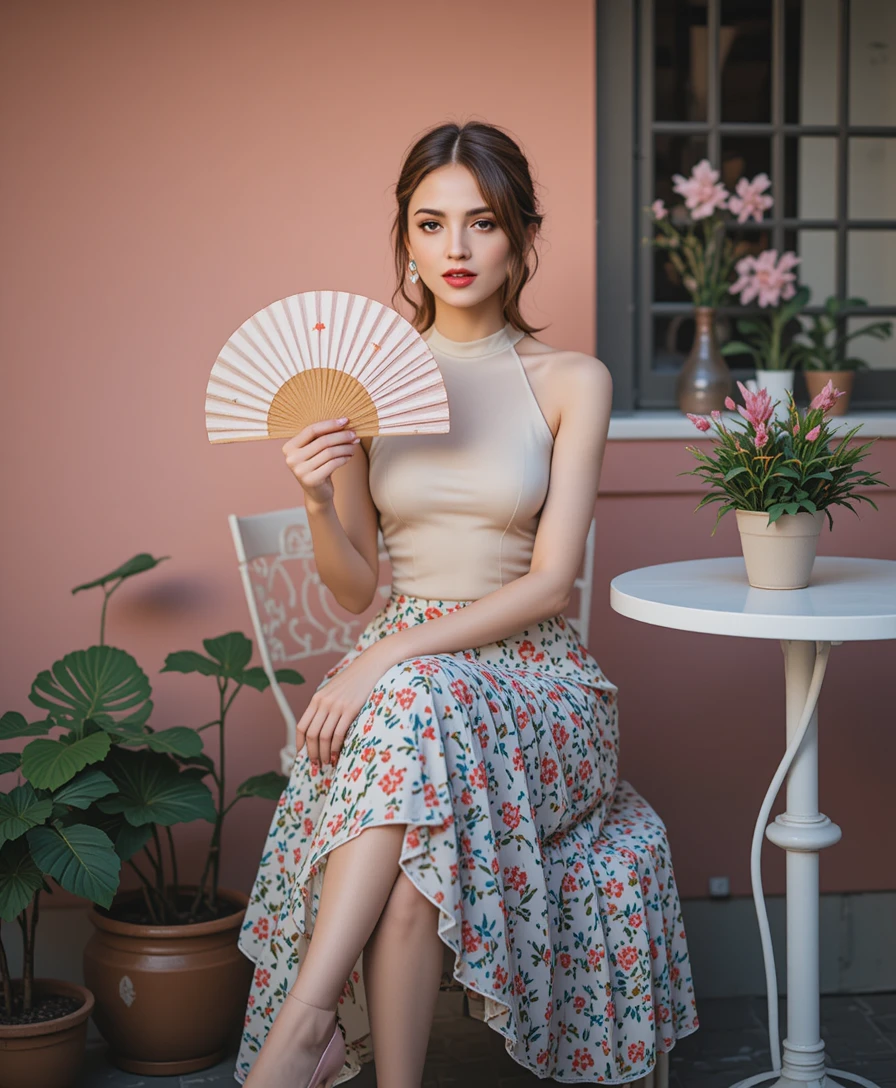 Femme élégante avec éventail assise à la terrasse d’un café chic