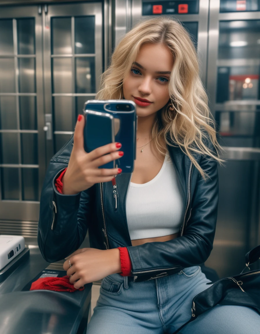 Donna stilosa che si scatta un selfie allo specchio in ascensore