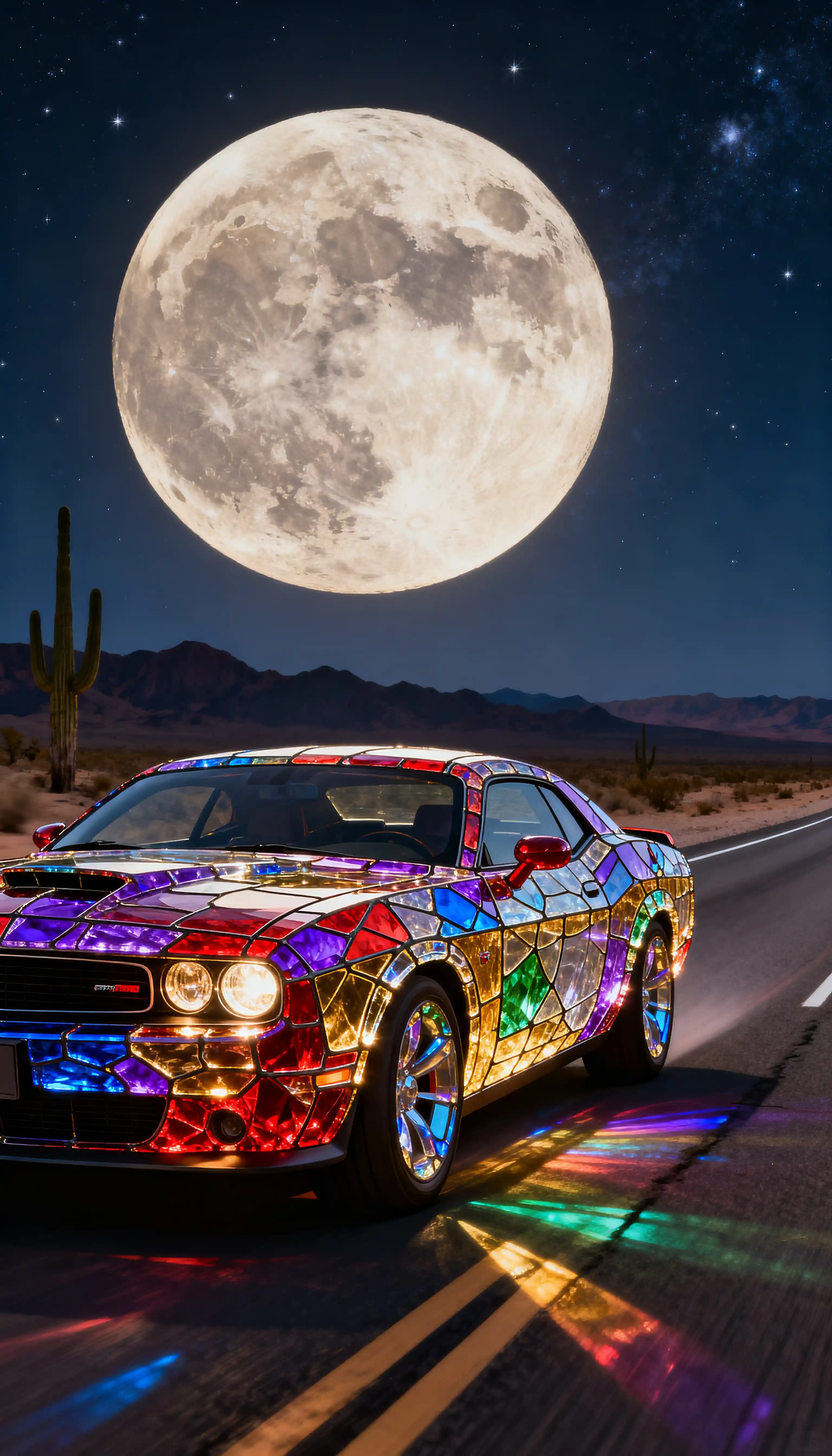 Muscle car de vitral em estrada deserta ao luar