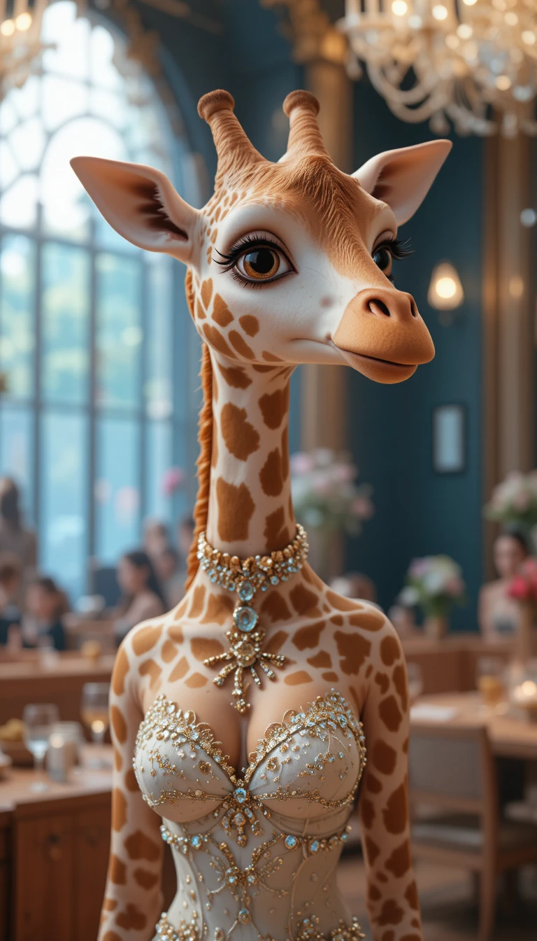 Elegante giocattolo a forma di giraffa in abito da sera in un interno di lusso