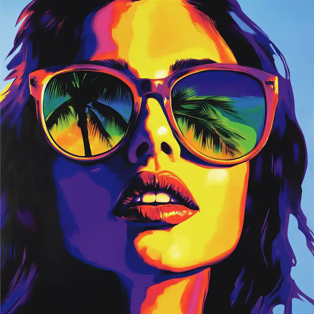 Pop art headshot of woman in sunglasses at Malibu beach