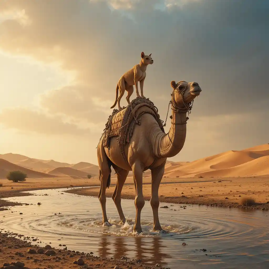 Camelo em rio no deserto ao pôr do sol com chacal