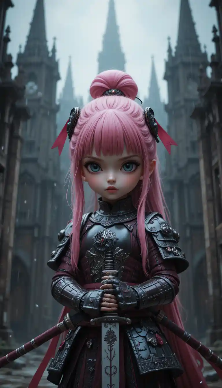 Gothic warrior woman with pink hair in a rainy cathedral