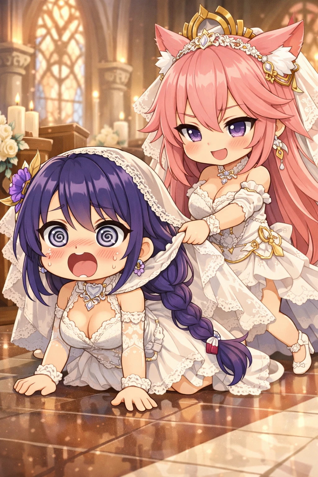 Spose chibi in un drammatico confronto in una chiesa in stile anime