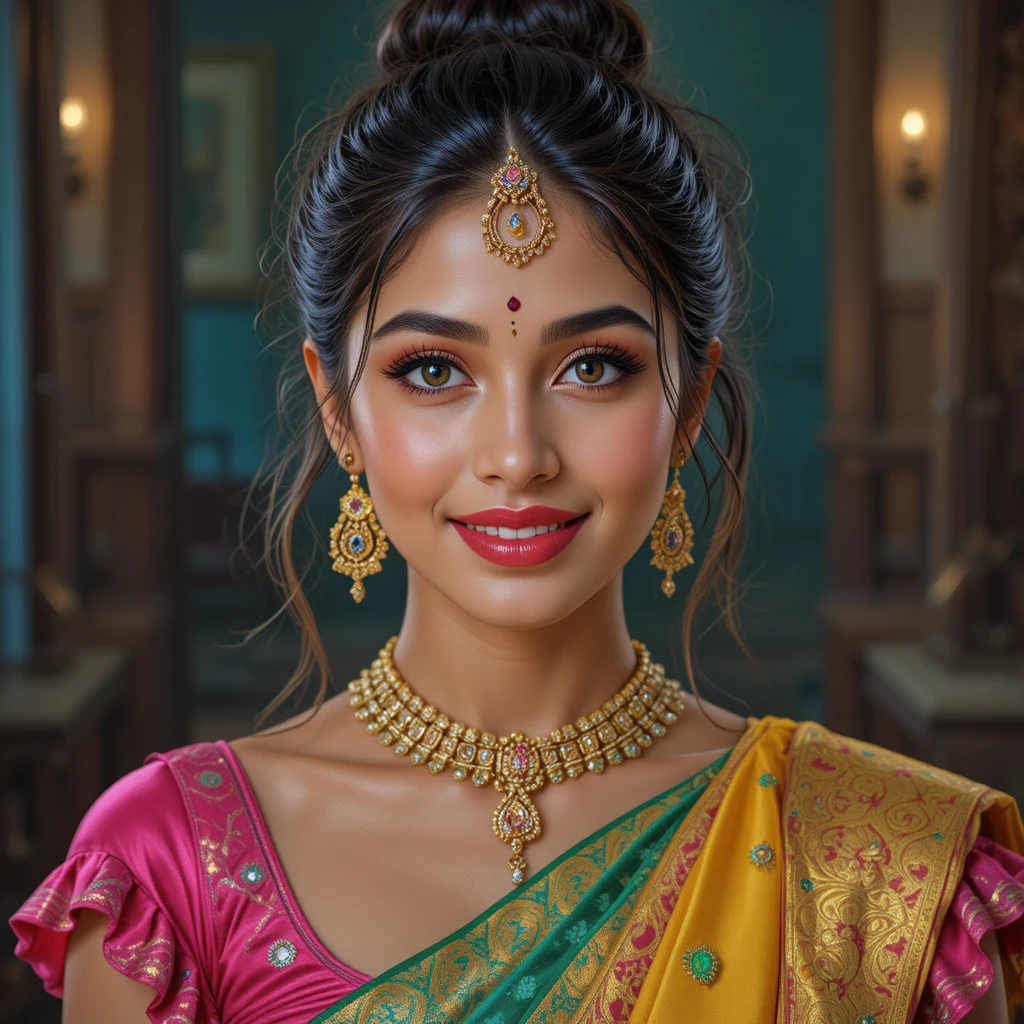 Portrait en studio d’une jeune Indienne espiègle en sari