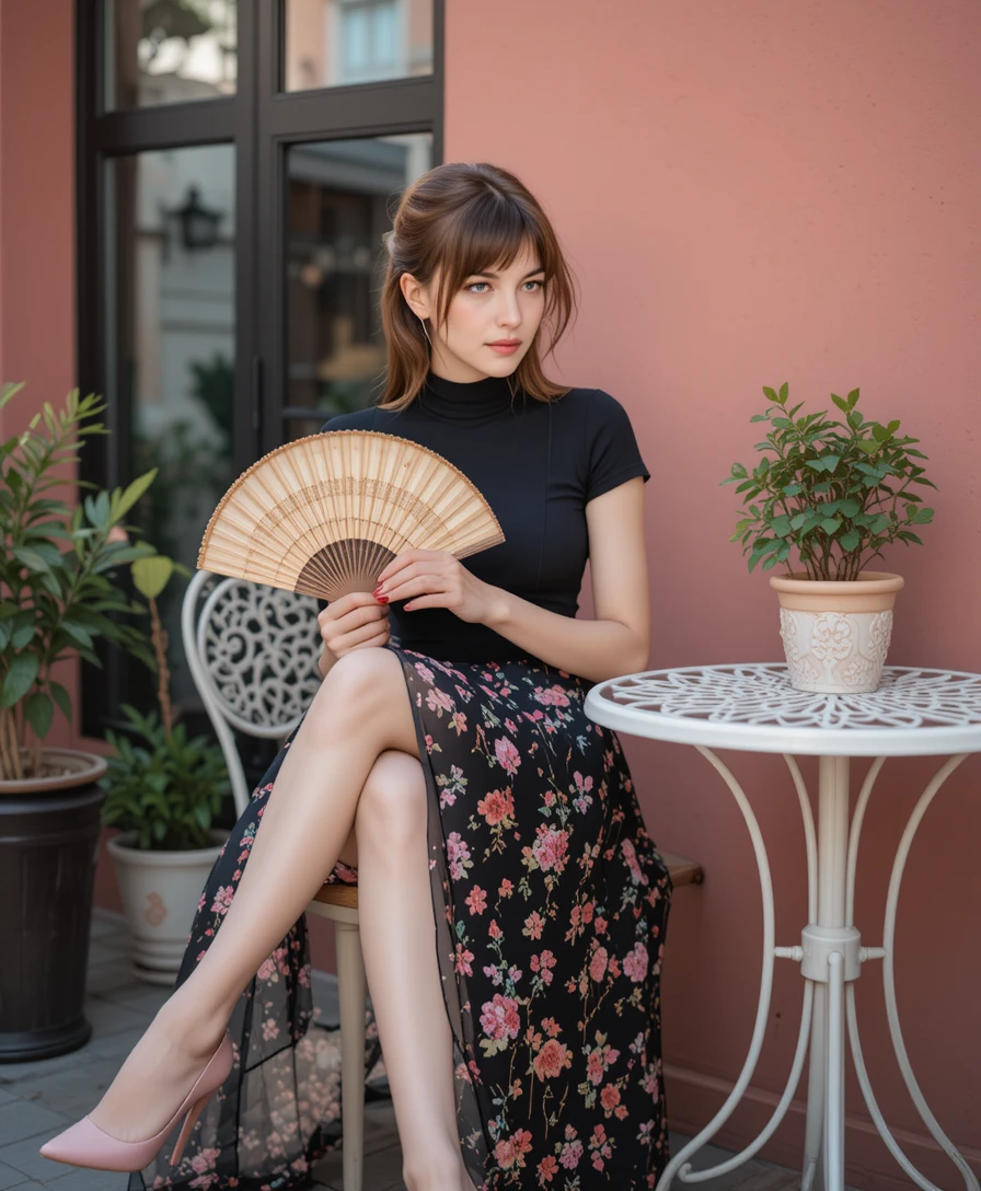 手持扇子的優雅女子坐在時尚咖啡露台上