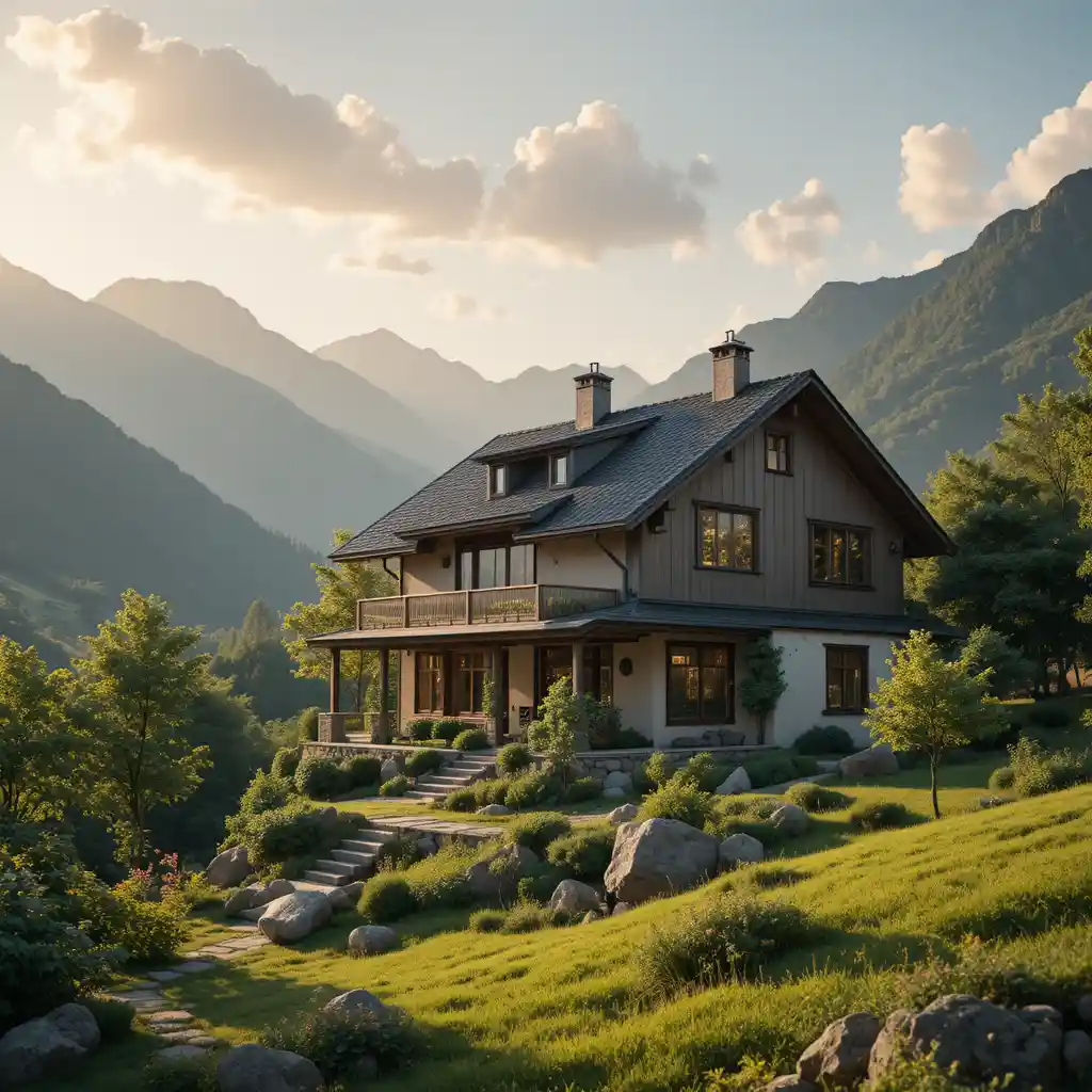 Casa di villaggio soleggiata con montagne e rigoglioso verde